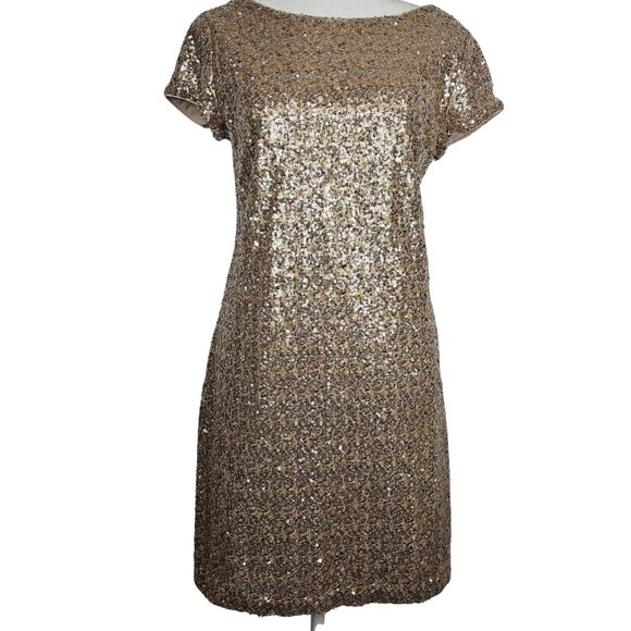 WH|BM S Midi Dress Gold Sequins Lined Party New Years Preppy Y2 Glam Sparkle - Picture 1 of 13